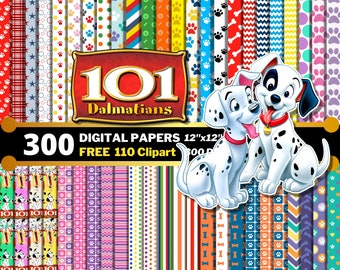 Könnte beinhalten: Ein digitales Papierpaket mit 300 digitalen Papieren im Format 30,5 x 30,5 cm und 110 kostenlosen Clipart-Bildern. Die Papiere zeigen eine Vielzahl von Mustern, darunter Punkte, Streifen und Pfotenabdrücke. Die Clipart-Bilder zeigen Dalmatiner-Welpen.