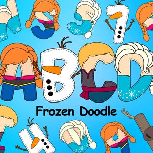 Frozen Doodle Alphabet, Frozen Character Alphabet, Princess Frozen Elsa Anna Olaf, Doodle Letters, Alphabet Letters, Sublimation Fonts