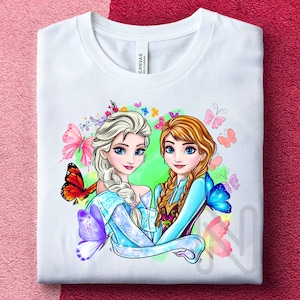 Frozen Elsa and Anna Sublimation PNG, Princess Elsa and Anna, Butterflies Birthday Girl Shirt, Princess Frozen Sublimation