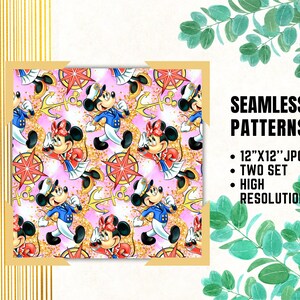 May include: Seamless pattern featuring Mickey Mouse in a sailor outfit and Minnie Mouse in a red and white dress. The pattern is on a pink background with gold glitter and nautical accents.
