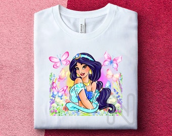 Aladdin Jasmine Sublimación PNG, Princesa Jasmine, Camisa de fiesta de cumpleañera, Diseños de sublimación de mariposas