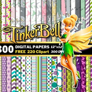 Tinkerbell Digital Papers, Fairies Clipart PNG, Princess Tinkerbell PNG, Carte da regalo per ragazze, Fata Tinkerbell Seamless Patterns