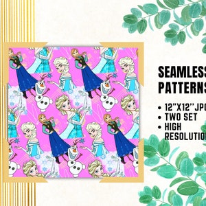 Frozen Seamless Papers, Princess Digital Papers, Princess Frozen Elsa, Anna, Olaf, Frozen Cartoon, Gift Wrapping, Fabric Patterns
