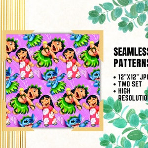 Carte senza cuciture Lilo e Stitch, carte digitali Stitch, carte da regalo per compleanni, modelli di tessuto punto Lilo