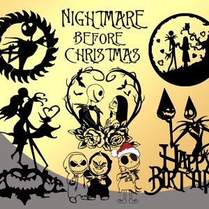 K&ouml;nnte beinhalten: Schwarz-wei&szlig;e Silhouettenbilder von Figuren aus dem Film Nightmare Before Christmas. Die Bilder zeigen Jack Skellington, Sally und Zero. Der Text "Nightmare Before Christmas" und "Happy Birthday" ist ebenfalls im Bild enthalten.