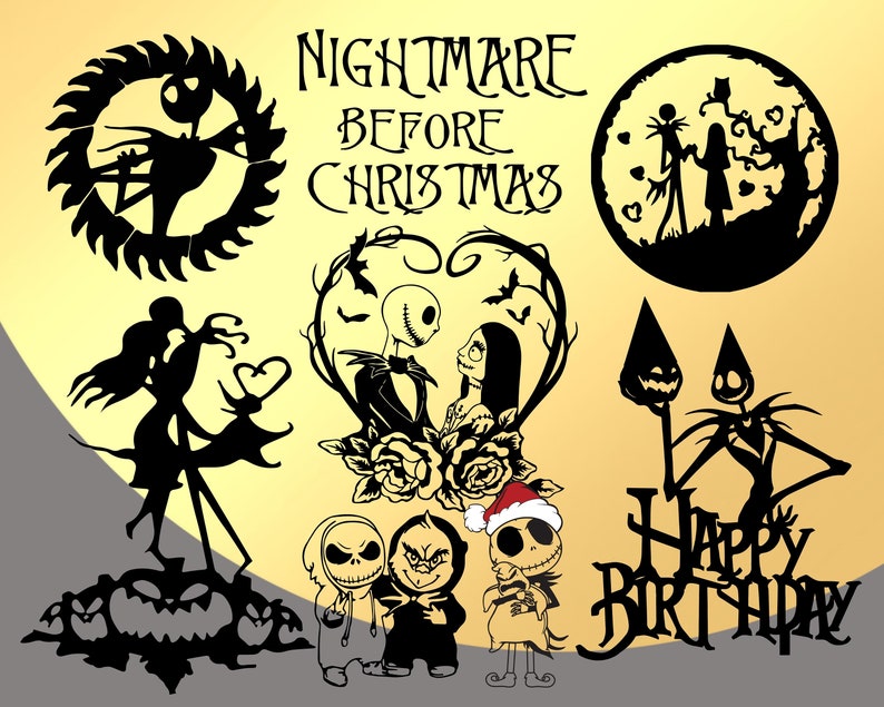 K&ouml;nnte beinhalten: Schwarz-wei&szlig;e Silhouettenbilder von Figuren aus dem Film Nightmare Before Christmas. Die Bilder zeigen Jack Skellington, Sally und Zero. Der Text "Nightmare Before Christmas" und "Happy Birthday" ist ebenfalls im Bild enthalten.