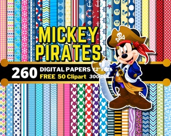 Mickey Pirates Digital Papers, Mickey Captain Clipart PNG, Mickey Pirates Illustration, Mickey Mouse Wrapping, Seamless Patterns