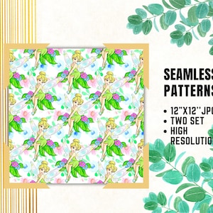 May include: A seamless pattern featuring a cartoon fairy in a green dress, wings, and blonde hair, surrounded by green leaves and pink and blue flowers. The text reads "SEAMLESS PATTERNS" and "12"X12" JPG".