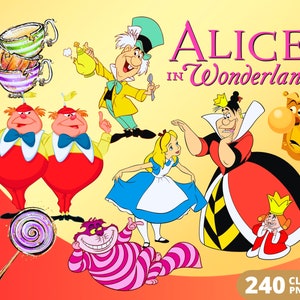 May include: A set of 240 digital clipart images featuring characters from Alice in Wonderland. The images include Alice, the Mad Hatter, the Queen of Hearts, the Cheshire Cat, and the Tweedledee and Tweedledum twins. The images are in a cartoon style and are perfect for use in crafts, scrapbooking, and other creative projects.