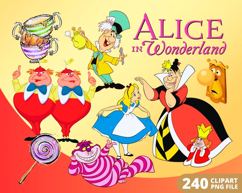 May include: A set of 240 digital clipart images featuring characters from Alice in Wonderland. The images include Alice, the Mad Hatter, the Queen of Hearts, the Cheshire Cat, and the Tweedledee and Tweedledum twins. The images are in a cartoon style and are perfect for use in crafts, scrapbooking, and other creative projects.