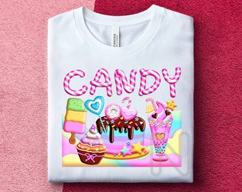 Bonbons sucrés fête PNG, chemise de fête de bonbons, anniversaire fille T-shirt, motifs graphiques d'anniversaire, sublimation de bonbons sucrés PNG