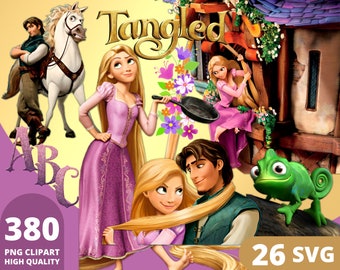 Op de afbeelding: Een set van 380 PNG clipart-afbeeldingen en 26 SVG-bestanden met personages uit de Disney-film Tangled. De afbeeldingen bevatten Rapunzel, Flynn Rider, Pascal de kameleon en Maximus het paard. De afbeeldingen zijn van hoge kwaliteit en perfect voor knutselprojecten, scrapbooking en digitaal ontwerp.