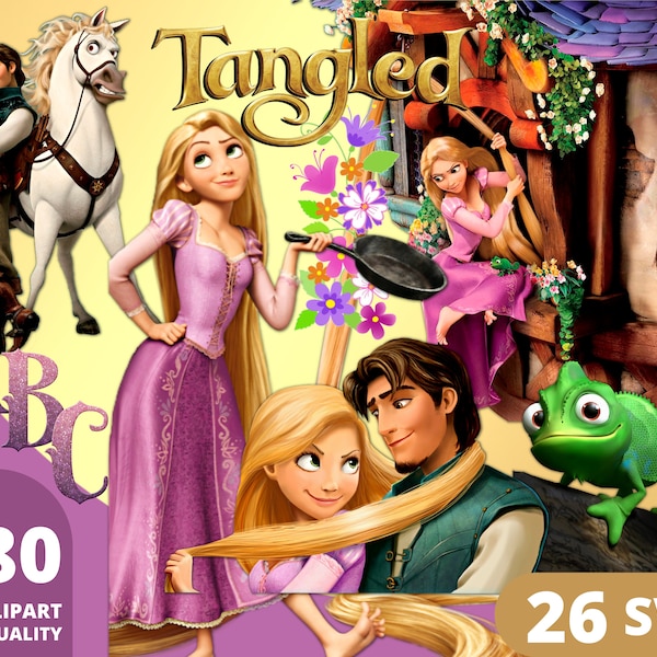 Tangled Clipart PNG, Tangled Layered SVG, Flynn Rider, Rapunzel, Tangled Birthday Print, Princess Tangled Posters