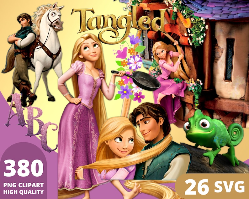 May include: A set of 380 PNG clipart images and 26 SVG files featuring characters from the Disney movie Tangled. The images include Rapunzel, Flynn Rider, Pascal the chameleon, and Maximus the horse. The images are high quality and perfect for crafting projects, scrapbooking, and digital design.