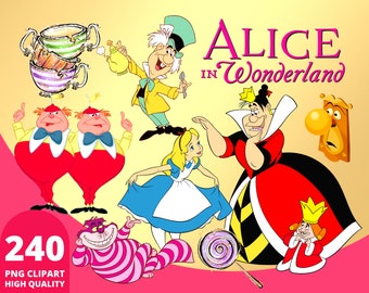 Könnte beinhalten: Alice im Wunderland Clipart-Set mit Charakteren wie dem Hutmacher, der Herzkönigin, Alice, Tweedledee und Tweedledum, der Cheshire-Katze und dem weißen Kaninchen. Das Set enthält 240 hochwertige PNG-Bilder.