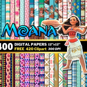 Moana Digital Papers, Moana Clipart PNG, Compleanno della principessa, Sfondi di Moana, Carte da regalo della principessa, Moana Seamless Patterns