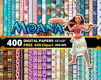 Papeles digitales de Moana, imágenes prediseñadas de Moana PNG, cumpleaños de princesa, fondos de Moana, papel de regalo de princesa, patrones sin costuras de Moana