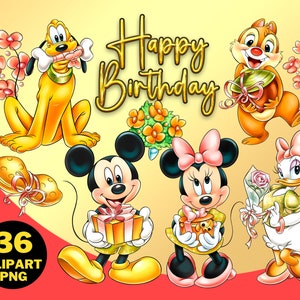 Golden Mickey Birthday Clipart PNG, Mickey and Friends, Daisy and Donald, Golden Mickey Party Theme, Happy Birthday Illustration