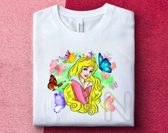 Sublimación de la Bella Durmiente PNG, Camisa de fiesta de cumpleañera, Bella Durmiente, Mariposas Aurora, Diseños de sublimación de princesa