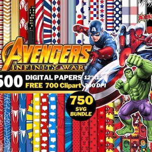 Marvel Avengers Digital Papers, Super Heroes Clipart PNG, Spider Man, Captain America, Thor, Avengers Marvel Paper Patterns