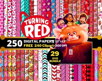 Turning Red Digital Papers, Red Panda Clipart PNG, Birthday Party Papers, Gifts Wrapping Papers, Turning Red Seamless Patterns