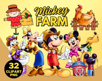 Mickey Farm Clipart PNG, Mickey Farm Theme, Mickey and Friends, Daisy and Donald, Party Wrapping Papers, Happy Farming Illustration