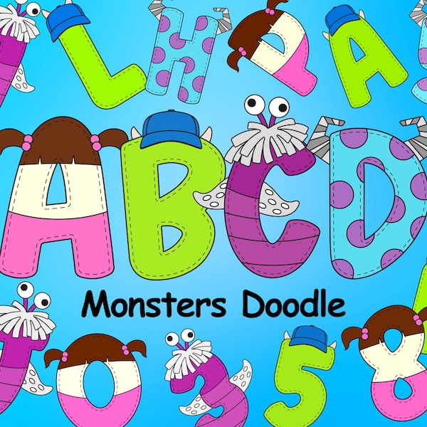 Monsters Doodle Alphabet, Monsters Inc. Alphabet, Doodle Letters, Sully Mike Monsters, Alphabet PNG Letters, Sublimation Font Designs