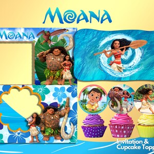 May include: Moana themed cupcake toppers featuring characters from the Disney movie Moana. The toppers include Moana, Maui, and Pua. The toppers are printed on edible paper and are perfect for decorating cupcakes for a Moana themed party.