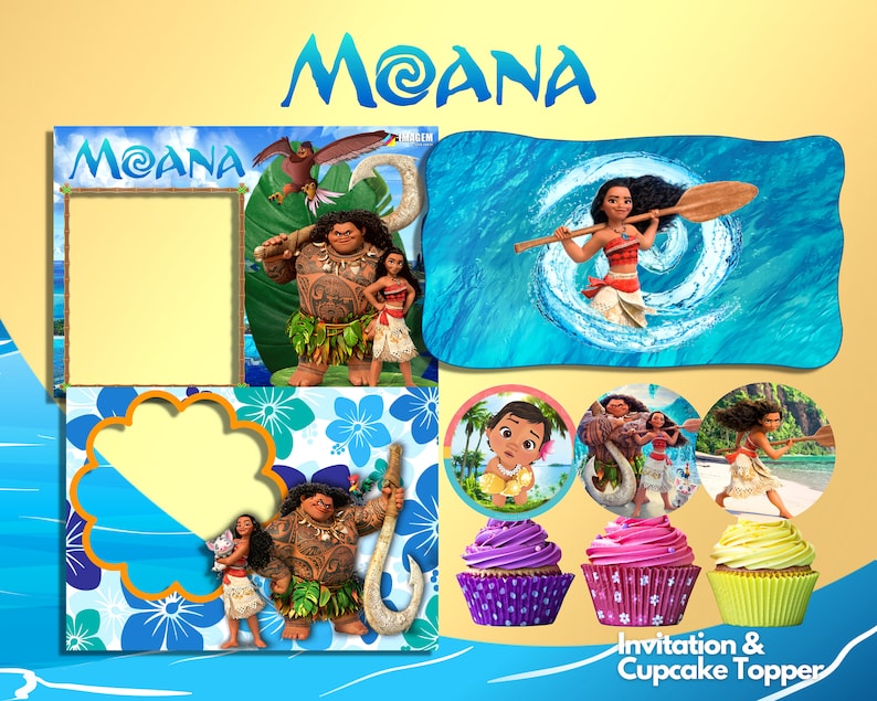 May include: Moana themed cupcake toppers featuring characters from the Disney movie Moana. The toppers include Moana, Maui, and Pua. The toppers are printed on edible paper and are perfect for decorating cupcakes for a Moana themed party.