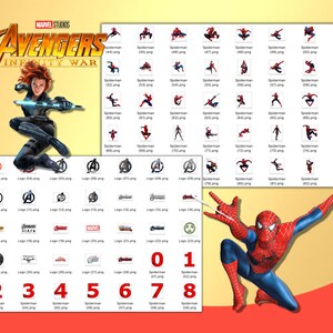 May include: A collage of images featuring the Marvel Avengers Infinity War logo, various logos, and images of Spiderman in different poses. The numbers 0 through 8 are also included in the collage.