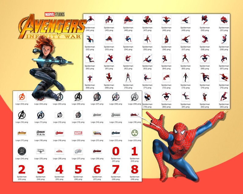 May include: A collage of images featuring the Marvel Avengers Infinity War logo, various logos, and images of Spiderman in different poses. The numbers 0 through 8 are also included in the collage.