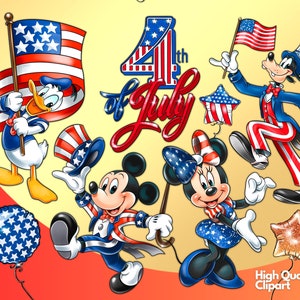 Op de afbeelding: Mickey Mouse, Minnie Mouse, Donald Duck en Goofy zijn gekleed in rood-wit-blauwe patriottische outfits voor 4 juli. Ze houden Amerikaanse vlaggen en sterren vast.