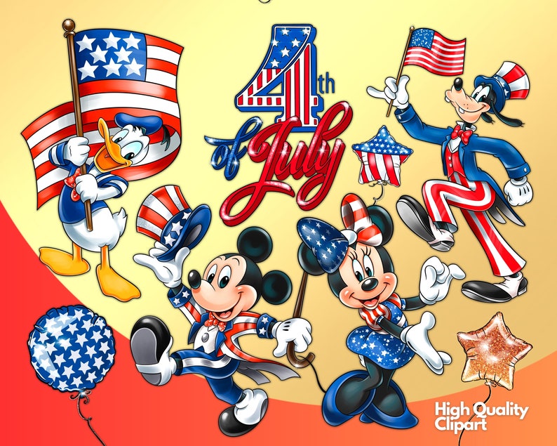 Op de afbeelding: Mickey Mouse, Minnie Mouse, Donald Duck en Goofy zijn gekleed in rood-wit-blauwe patriottische outfits voor 4 juli. Ze houden Amerikaanse vlaggen en sterren vast.
