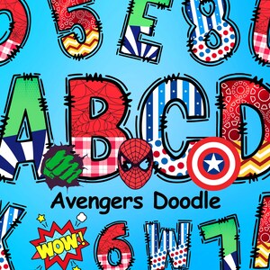 Alfabeto Doodle Marvel Avengers, Homem-Aranha, Capitão América, Hulk, Letras dos Vingadores, Desenhos do Alfabeto Marvel