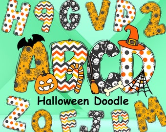 Halloween Doodle Alphabet, Halloween Alphabet PNG, Halloween Witch Pumpkin Frankenstein Mummy, Alphabet PNG Letters, Sublimation Font