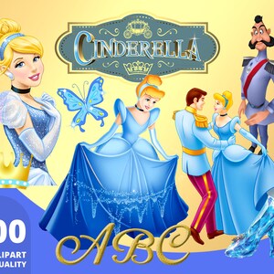 K&ouml;nnte beinhalten: Eine Sammlung von Cinderella-Clipart-Bildern. Die Bilder zeigen Cinderella in einem blauen Kleid, einen Glasschuh, einen Schmetterling, eine Krone und den Text "Cinderella" in einem dekorativen Banner. Die Buchstaben "ABC" in Gold sind ebenfalls enthalten.