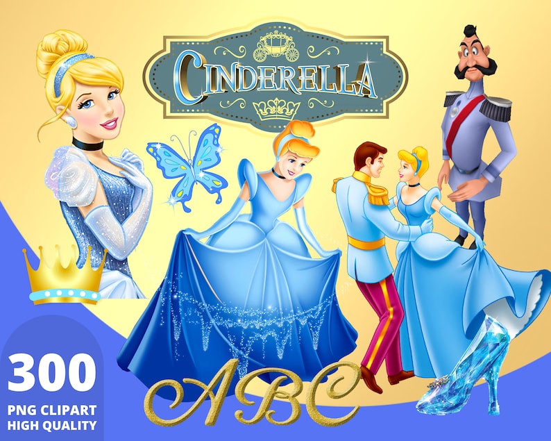 K&ouml;nnte beinhalten: Eine Sammlung von Cinderella-Clipart-Bildern. Die Bilder zeigen Cinderella in einem blauen Kleid, einen Glasschuh, einen Schmetterling, eine Krone und den Text "Cinderella" in einem dekorativen Banner. Die Buchstaben "ABC" in Gold sind ebenfalls enthalten.