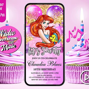 Little Mermaid Birthday Video Invitation, Princess Ariel Video Invites, Girls Mermaid Evites, Editable Template, DIY Musical Video Evites