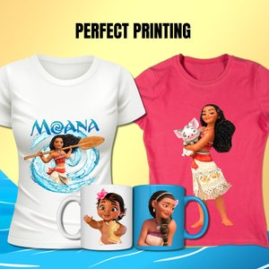 May include: Two white and pink t-shirts with a Moana design. The white t-shirt features Moana holding a paddle and the pink t-shirt features Moana holding a pig. Two white mugs with Moana designs.