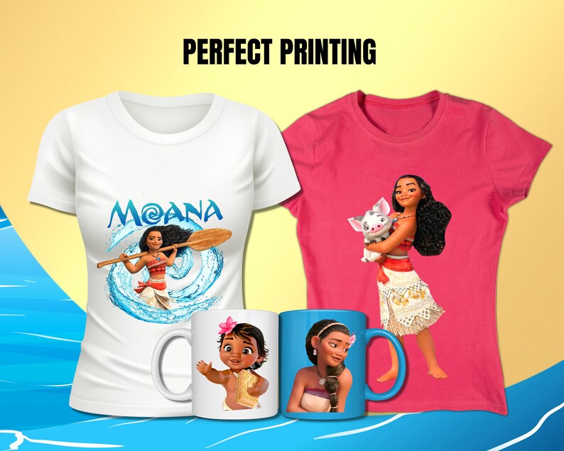 May include: Two white and pink t-shirts with a Moana design. The white t-shirt features Moana holding a paddle and the pink t-shirt features Moana holding a pig. Two white mugs with Moana designs.