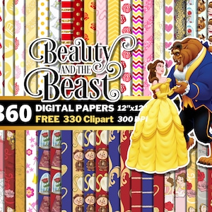 Beauty and Beast Digital Papers, Princess Belle Clipart PNG, Birthday Party Decor, Wrapping Papers, Beauty Beast Seamless Patterns