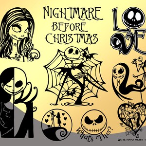 K&ouml;nnte beinhalten: Schwarz-wei&szlig;e Illustrationen von Figuren aus dem Film Nightmare Before Christmas. Die Illustrationen zeigen Jack Skellington, Sally und die Worte "Nightmare Before Christmas".
