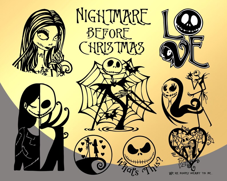 K&ouml;nnte beinhalten: Schwarz-wei&szlig;e Illustrationen von Figuren aus dem Film Nightmare Before Christmas. Die Illustrationen zeigen Jack Skellington, Sally und die Worte "Nightmare Before Christmas".