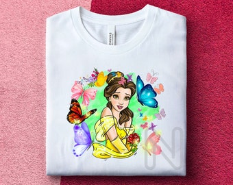 Sublimación de Bella y Bestia PNG, Princesa Bella, Camisa de fiesta de cumpleañera, Diseños de sublimación de mariposas