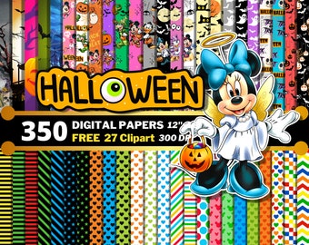 Mickey Halloween Digital Papers, Mickey Friends Halloween Clipart PNG, Mickey and Minnie Wrapping, Halloween Party Theme, Seamless Patterns