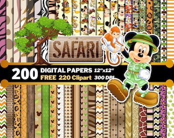 Mickey Safari Digital Papers, Mickey Safari Clipart PNG, Safari Birthday Party, Mickey Background, Safari Wrapping Papers, Seamless Patterns