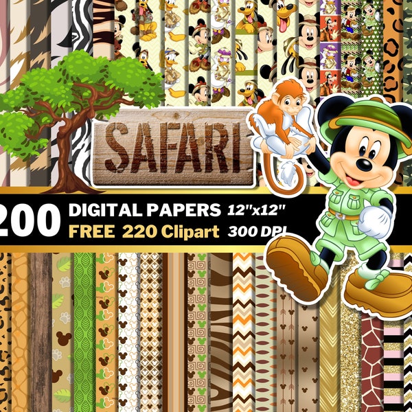 Mickey Safari digitale papieren, Mickey Safari clipart PNG, Safari verjaardagsfeestje, Mickey achtergrond, Safari inpakpapier, naadloze patronen