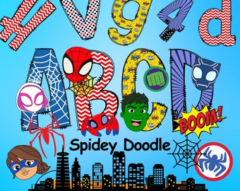 Spidey Doodle Alphabet, Spidey and his Amazing Friends, Superhero Spidey, Alphabet Letters, Spidey Sublimation Font
