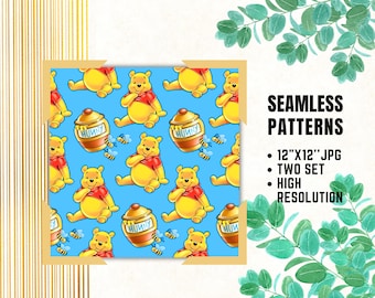 Winnie the Pooh Seamless Papers, Winnie Bear Digital Papers, Birthday Gift Wrapping, Winnie Pooh Fabric Patterns