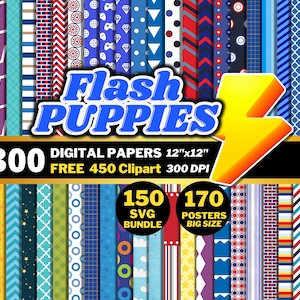 May include: A digital collection titled Flash Puppies featuring 300 digital papers measuring 12 inches by 12 inches, 450 clipart images, a 150 SVG bundle, and 170 large posters. The background displays a variety of colorful, patterned vertical strips.